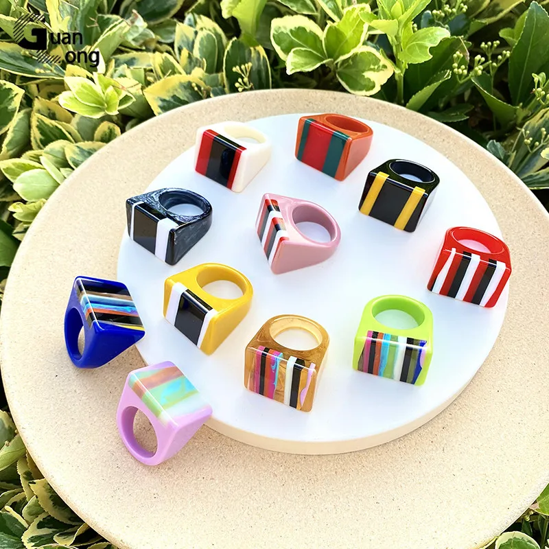 Resin Fashion Big Rings for Women Minimalist Colorful Vintage Punk Rings for Girls Korean Jewelry Square Gifts finger ring silver ring wedding rings stainless steel ring ring set couples rings adjustable rings wedding ring gold color ring gold color rings