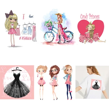 

Vinyl Beautiful Girl Patches Lovely Girls Heat Transfer Patch Stripe Iron on Transfers For Clothing Stickers for Clothes Badges