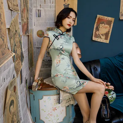 16 цветов традиционное китайское платье для женщин Мини Cheongsam Qipao одежда из шелка Ретро Qi Pao Восточный стиль несколько цветов 3XL - Цвет: 9812-blue qipao