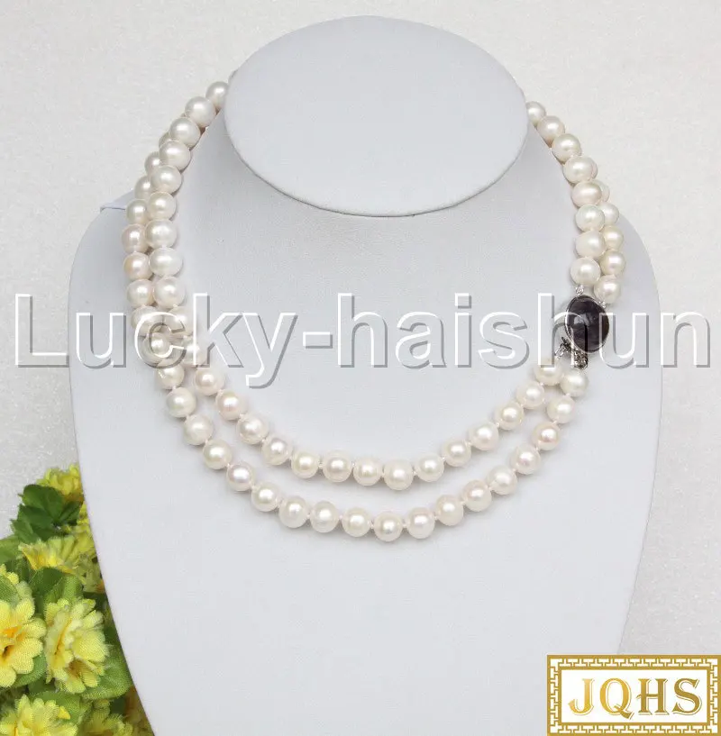 

JQHS Natural 17" 2row 10mm Round White Freshwater Pearls Necklace Amethyst Clasp J12491