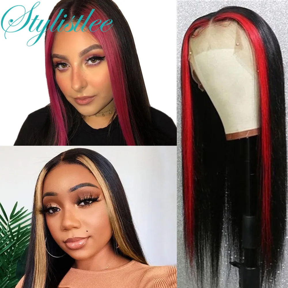 

13x4 Straight Lace Front Human Hair Wigs, 180% Density, Remy Pre Plucked Short Bob Wig 1B Brown Red Wine Red Ombre Highlight Wig