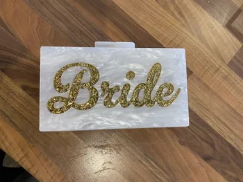 

Letter name bride wedding party customized handmade pearl white with gold glitter Bride travel summer evening box clutches purse