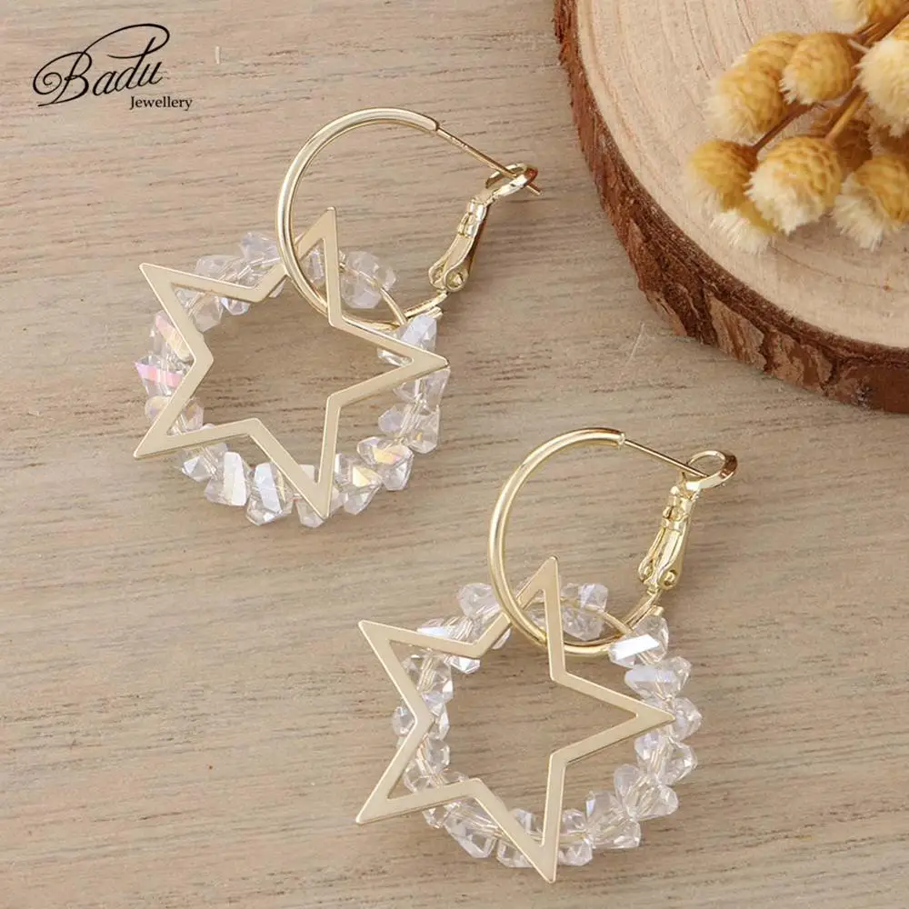 

Badu Women Handmade Drop Earrings for Women Fashion Korean Gold Pentagram Rhinestone Round Earrings Jewelry Gift for Girl