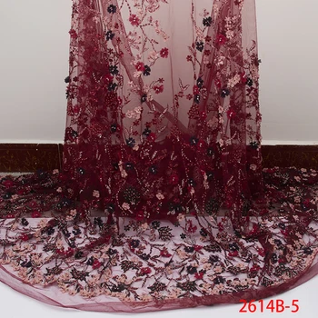 

2019 Floral Lace Fabric African Hand Cut Lace Fabrics Embroidery Handmade Bridal Net Magenta Beaded Lace Fabric QF2614B-5