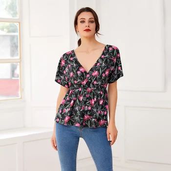 

Bikitique Floral Print Knitted Elastic Women's Top Deep V-Neck Bat Sleeve Waist Back Show Thin Retro Chiffon Shirt Women New Top