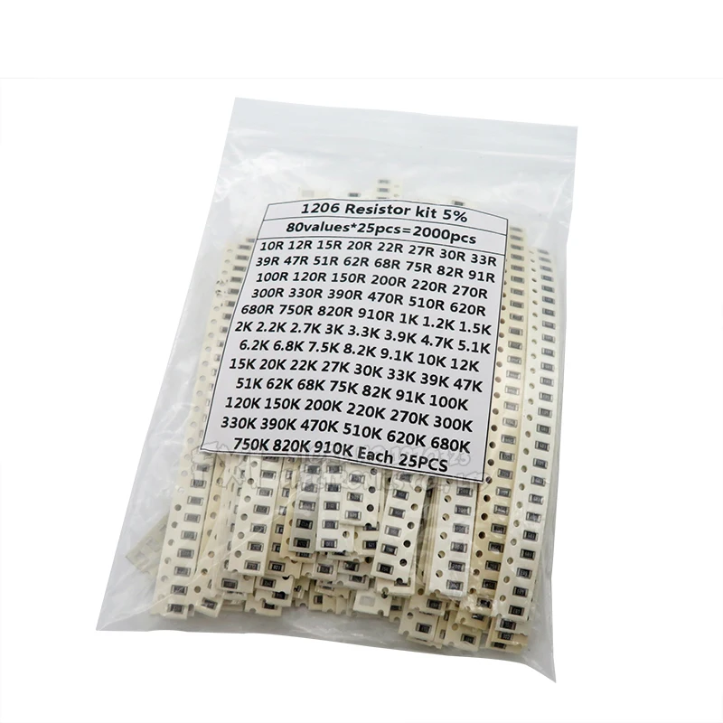 

2000PCS 10 ohm-910K ohm 1206 SMD Resistor Kit Assorted set 5% 80values*25PCS SMD Resistors 10K 470/100/680 ohm resistance pack