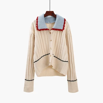 

short knitted women sweater and cardigans striped turn-down collar loose sweet lady elegant outwear coat tops