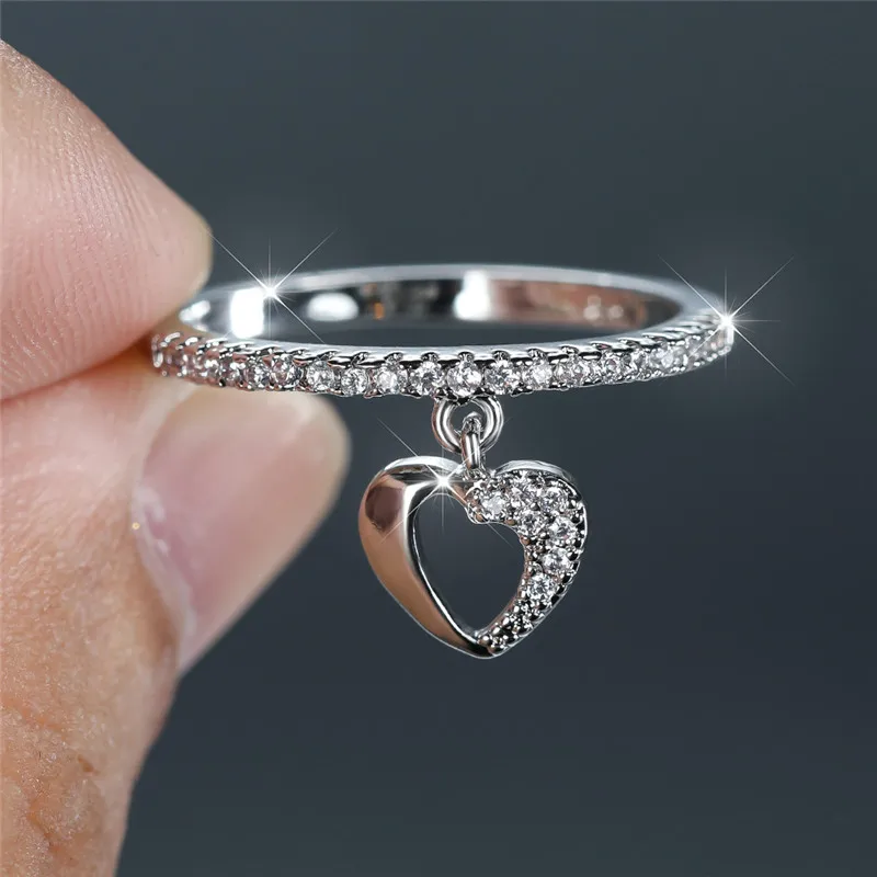 Crystal Rings Engagement Rings Zircon Rings Bohemian Rings For Women Cute Female Hollow Heart Pendant