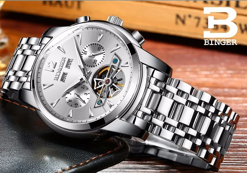 Несколько функций швейцарские БИНГЕР часы мужские Полный календарь турбийон сапфир Водонепроницаемые механические наручные часы B8608M3
