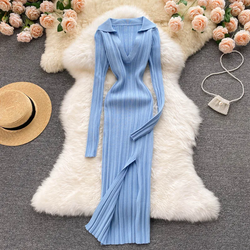 New Best Hot Sell SINGREINY Women Korean Knitted Dress Long Sleeve V ...