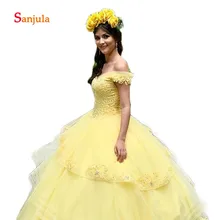 Желтое фатиновое бальное платье пышные платья милое платье принцессы с открытыми плечами 16 бисерные аппликации D1274