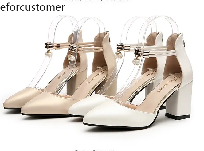 

Womens Summer Heeled Sandals Block Chunky Ankle Strap Pointed Toe Pearl Metal Decoration Wedding Fashion Elegant Dress Party