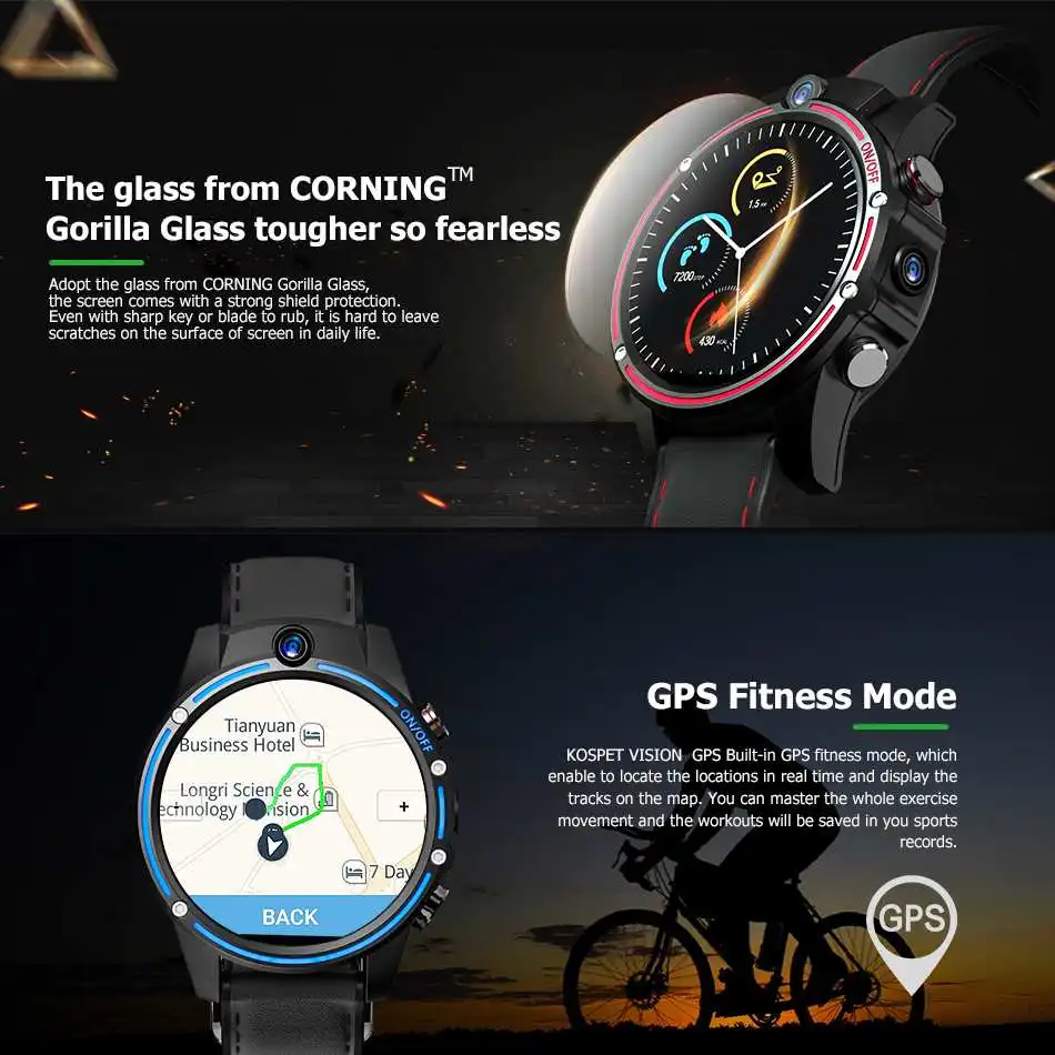 KOSPET видение Смарт-часы телефон 1,6 ''4G ПУСТЬ 5.0MP двойной Камера спортивные часы GPS, 3 Гб оперативной памяти, 32 Гб встроенной памяти, Для мужчин Smartwatch для iOS и Android