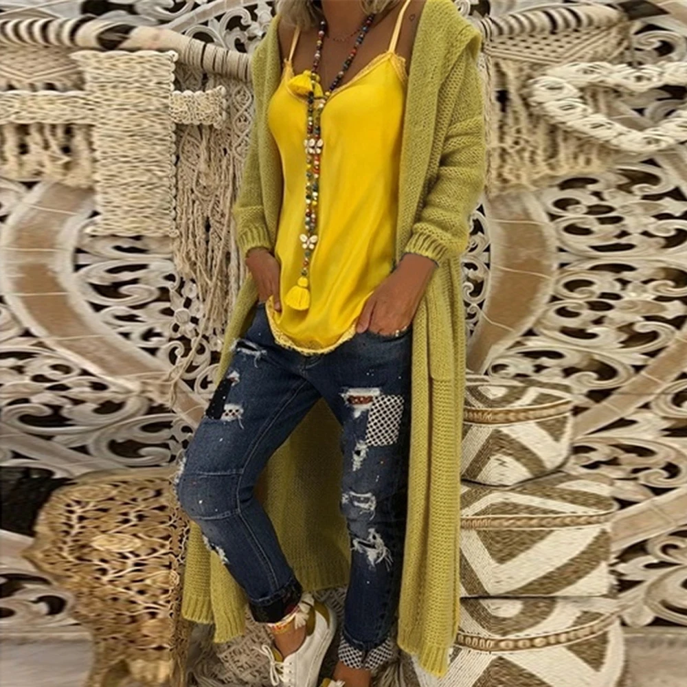 Женские модные однотонные длинные трикотажные кардиганы, женские свободные свитера с карманами и капюшоном, пальто, новинка, осенне-зимнее повседневное пальто