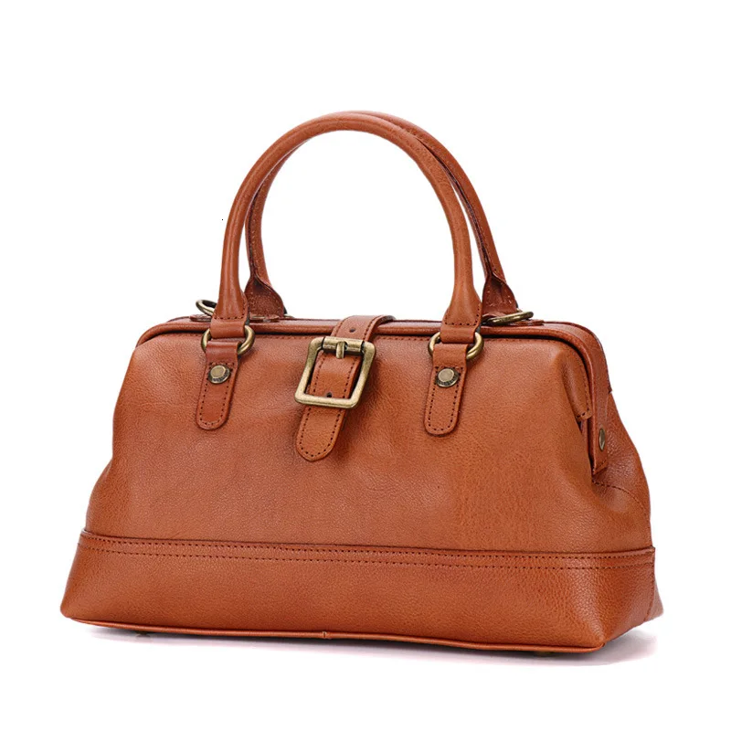 

Tree Cream Retro Handbags Hand-brushed Leather Female Models Shoulder Slung Portable Doctor Bag Sac A Main Femme Boston Bolsas