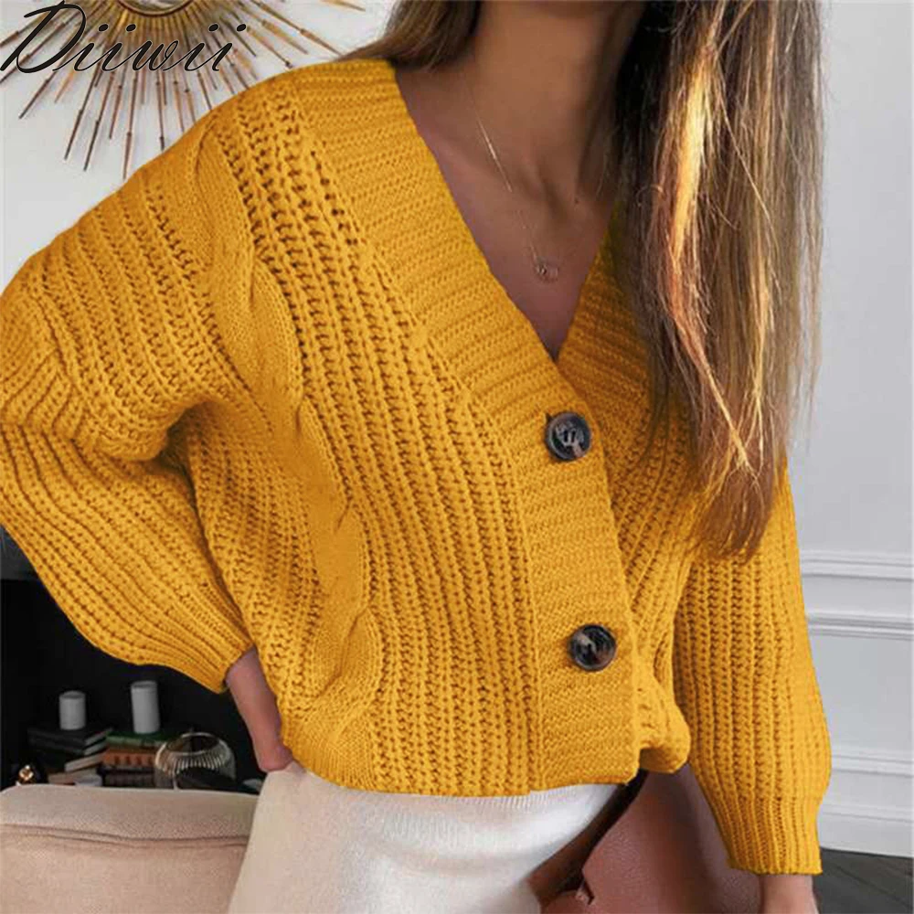 

Diiwii Women Faddish Short Cardigan Knitted Sweater Autumn Winter Long Sleeve V Neck Jumper Casual Streetwear Fashion Coat