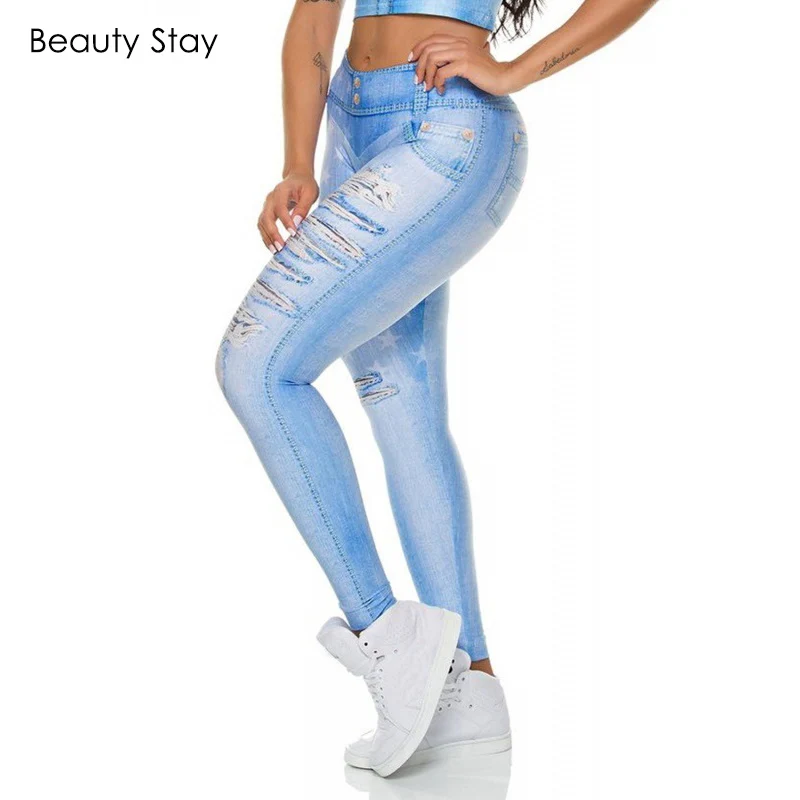 Beauty Stay женские леггинсы с цифровой печатью джинсовые элементы Бесшовные Джинсы Высокая талия обтягивающие пуш-ап карандаш эластичные узкие брюки