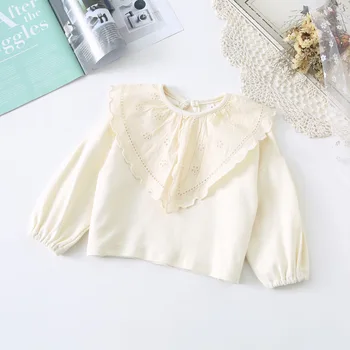 

3301 Girl's Embroidered Big Lapel Baby Girl's Long Sleeve Blouse Bottoming Lace Shirt Korean Super Princess White Top