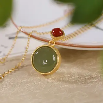 

Natural Hetian jade South Red Pendant Necklace Chinese style retro palace style unique ancient gold craft elegant female jewelry
