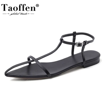 

Taoffen Women Sandals Shoes Fashion Metal Buckle Open Toe Real Leather Shoes Women Solid Color Design Casual Footwear Size 34-40