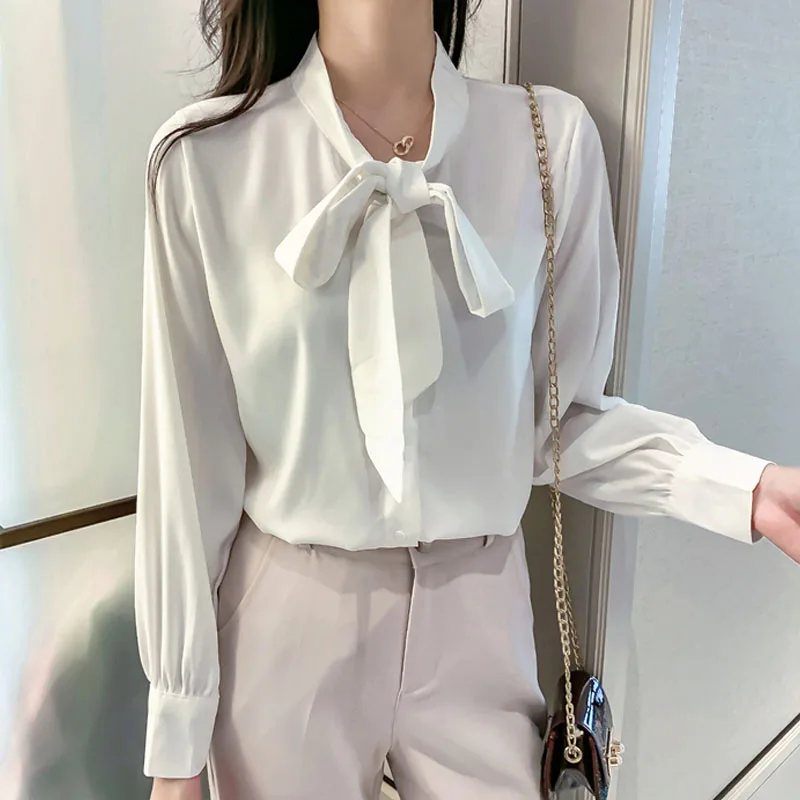 

Bow Shirt Women's Long Sleeve 2021 Fashion White Top Chiffon White Tops Blusa Mujer Dropshipping Blouse Women Solid Female 1208