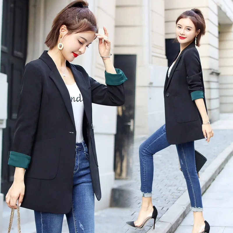 

Suit Fold-down Collar Long Sleeve Cool Able Elegant Simple Versatile 2019 Autumn Fashion