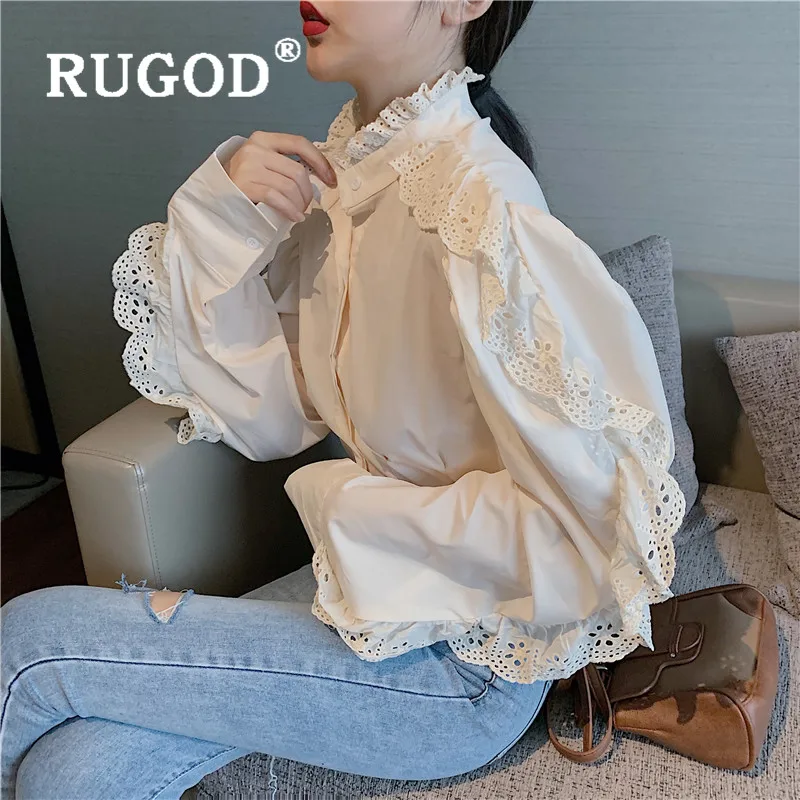 RUGOD корейский стиль Шикарный Waveselvedge с длинным рукавом Элегантная блузка женская кружевная Милая рубашка Зимние Топы для женщин Мода