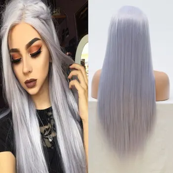 

Bombshell Light Blue Grey Long Straight Synthetic 13*4 Lace Front Wig Glueless Natural Hairline Heat Resistant For White Women