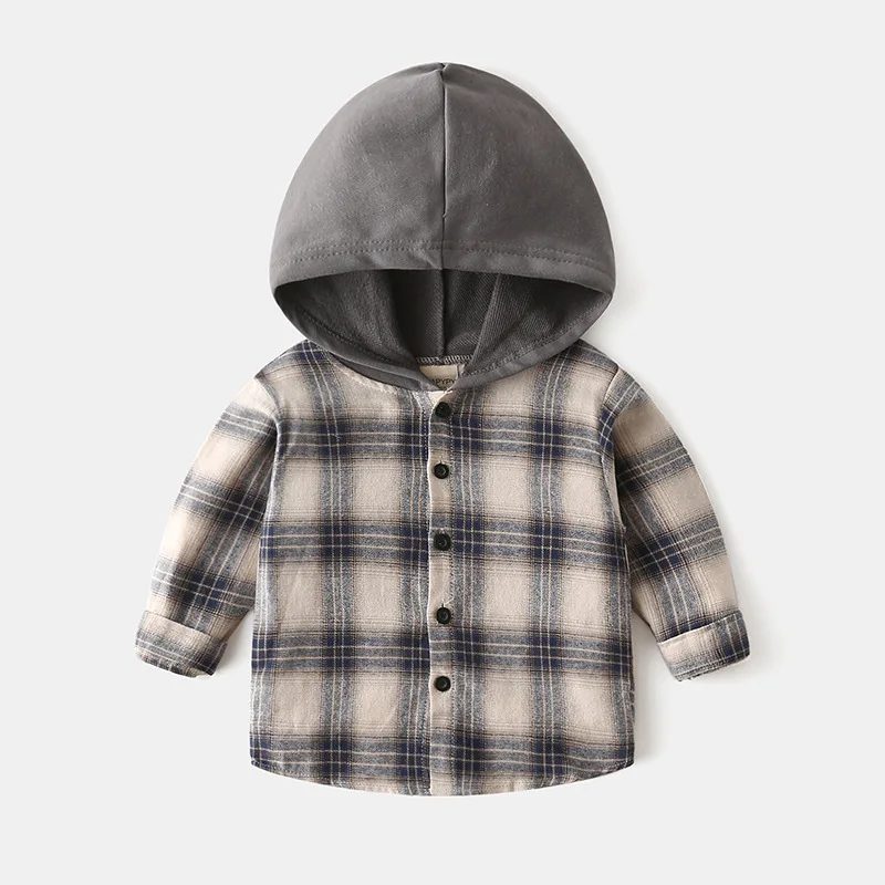 Korean children Clothing Boys long-sleeved shirt baby with a hat plaid shirt in the children's spring and autumn cloth