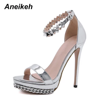 

Aneikeh 2020 Summer Sexy Metal Chain Gladiator Sandals Woman Fetish Peep Toe Stripper Buckle Nightclub Thin Heels Pumps Size 42