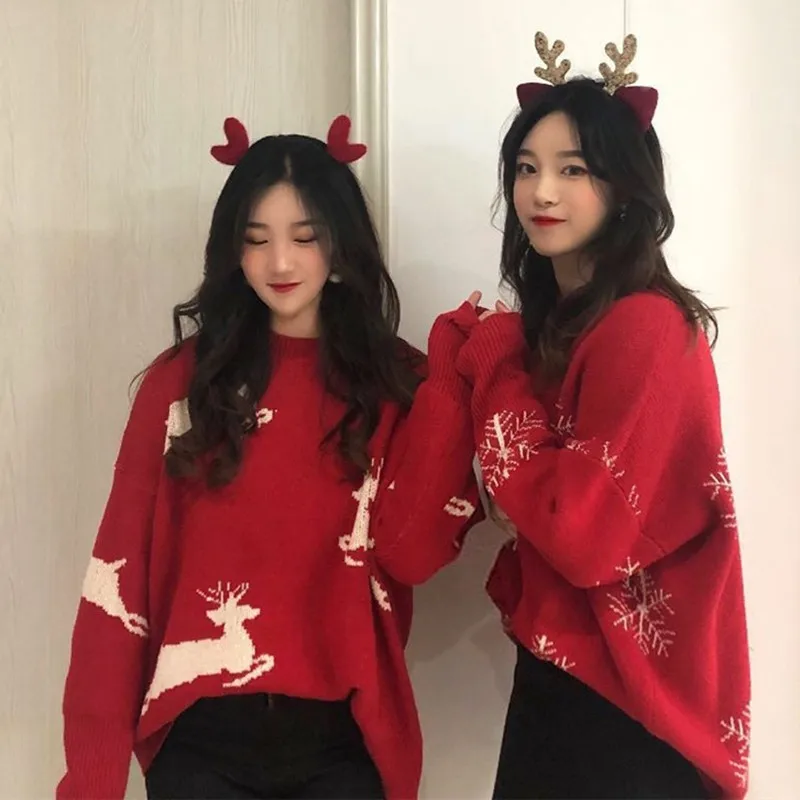 

Christmas Women Red Sweaters Oversize Knitted Loose Kawaii Warm Pullover Long Sleeve Harajuku Pull Femme Autumn Winter Jumpers