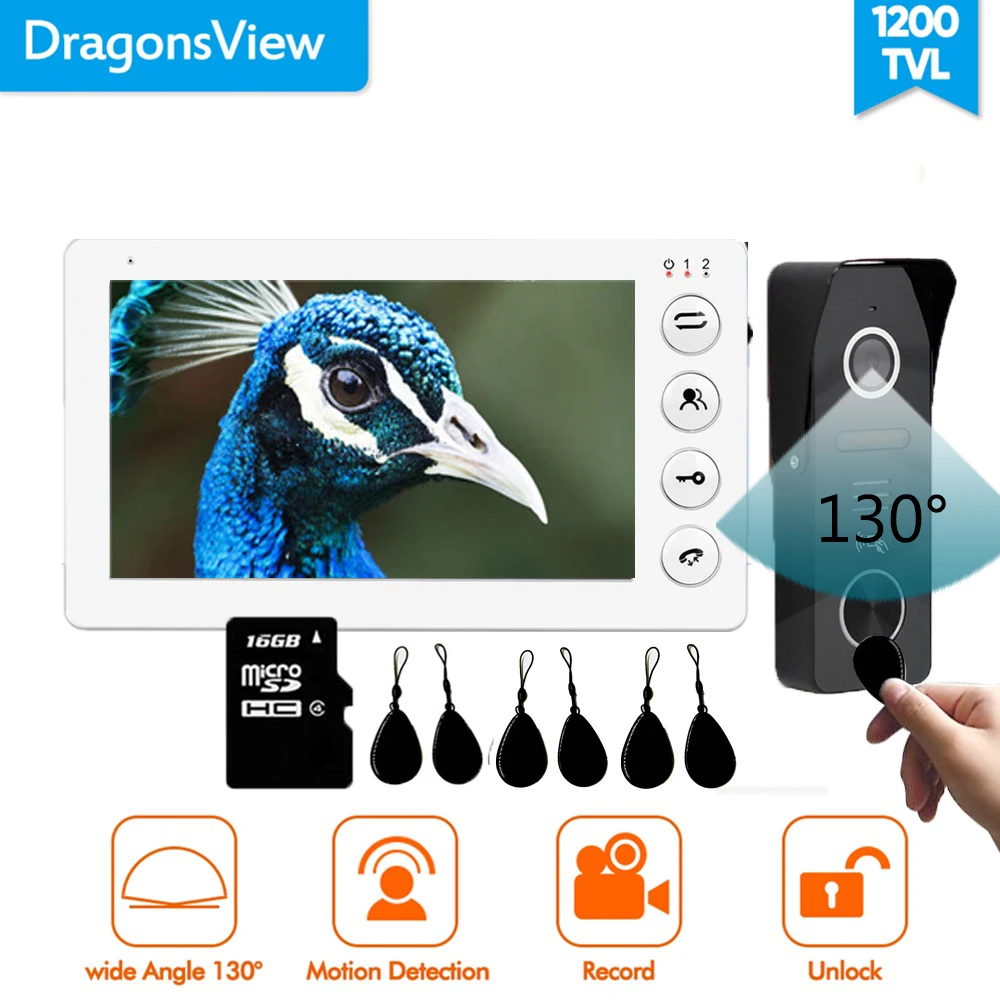 Dragonsview 7 дюймов видео-телефон двери дверной звонок камера система видео RFID система контроля допуска к двери разблокировка запись Широкий угол 130