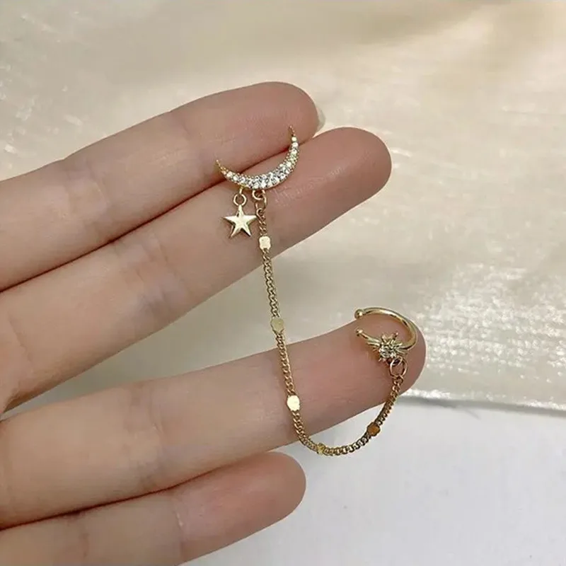 Gold Color Moon Star Clip Earrings for Women Simple Fake Cartilage Long Tassel Ear Cuff Jewelry Gift ear clip earrings clip earrings ear clip ear accessories