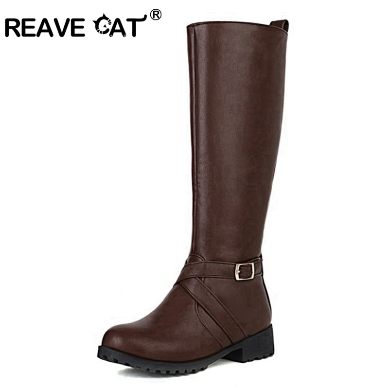 

Reave Cat Women Mortorcycle Ridding Knee High Chunky Boots Zip Big Size Thick Bottom Platform Winter Warm Ladies Footwear S2457