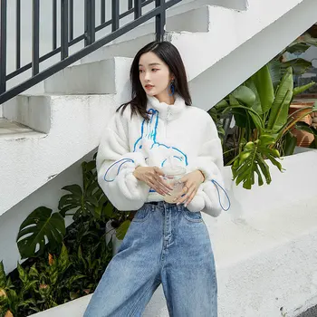 

Korea Cropped Sweatshirt Women White Rabbit Animal Print Fur Hoodie Loose Zipper Neck Fuzzy Hoodie Winter Crop Top Z050