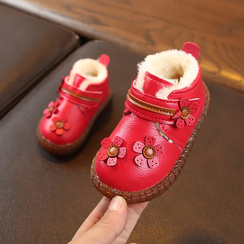 COZULMA/Теплые ботильоны с плюшевой подкладкой для маленьких девочек; детская зимняя обувь; Детские зимние сапоги на застежке-липучке с цветочным принтом; размеры 15-25