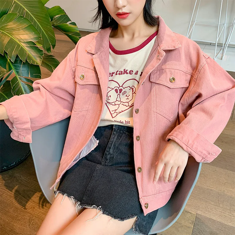 

Photo Shoot Pink Jeans Coat Women's Loose-Fit Korean-style 2019 New Style Autumn Short Online Celebrity Versatile Tops Trend