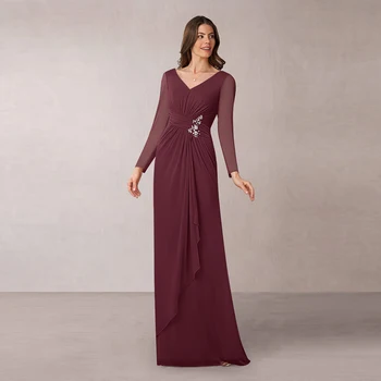 

Wholesale Elegant Cabernet Sheath Long Sleeve Mother of the Groom Dresses V Neckline Beaded Pleated Wedding Party Gowns Back Out