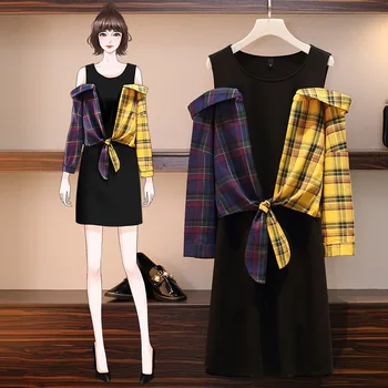 

L Large Size Dress 2020 Autumn Clothing New Style Mixed Colors Lattice Mock