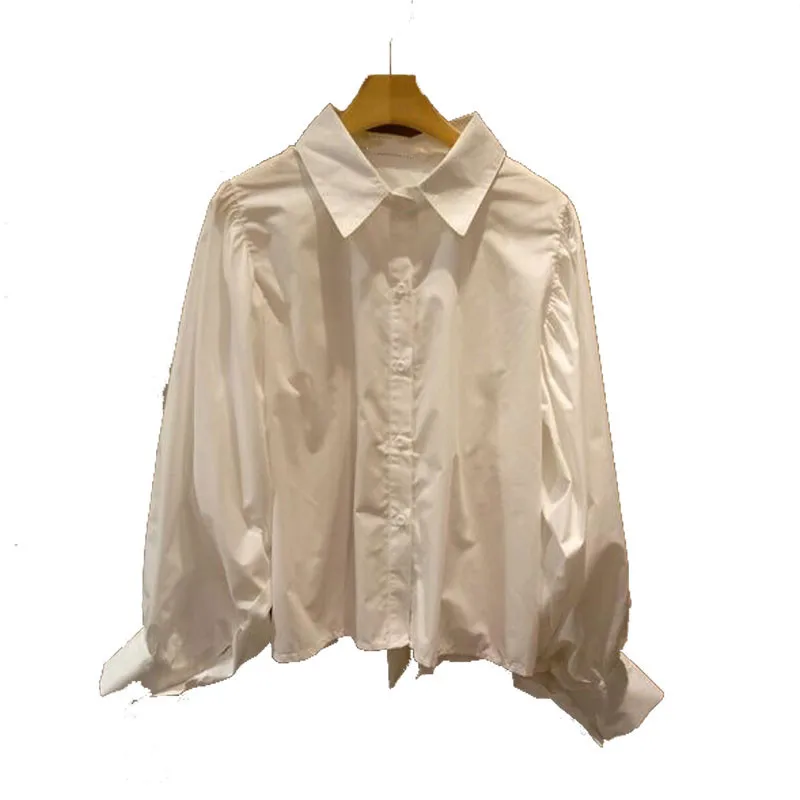 Neploe Осенняя блузка с длинными рукавами и фонариком белая рубашка с галстуком-бабочкой на спине Женская однобортная блуза с отложным воротником 55247