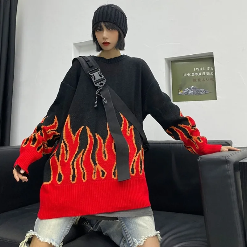 2020 New Arrival Women Sweaters Korean Chic Long Sleeve Fire Pattern Sueter Mujer Harajuku Streetwear Oversize Female Pullovers | Женская