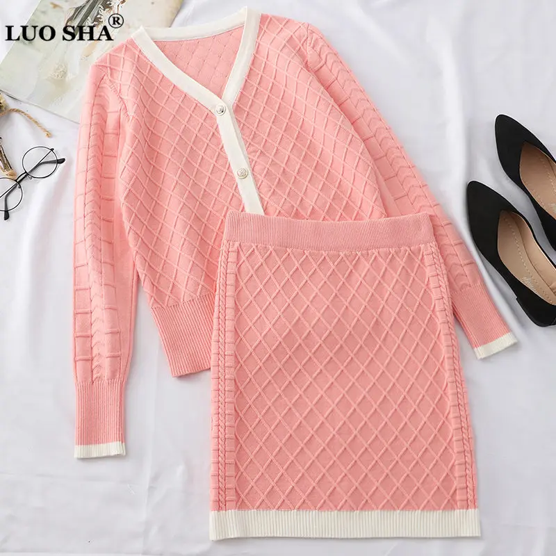 

LUOSHA 2 Piece Set Women Autumn Winter Knitted Skirt Set Office Ladies Plaid Cardigans And One Step Skirt Suit Elegant Outfit