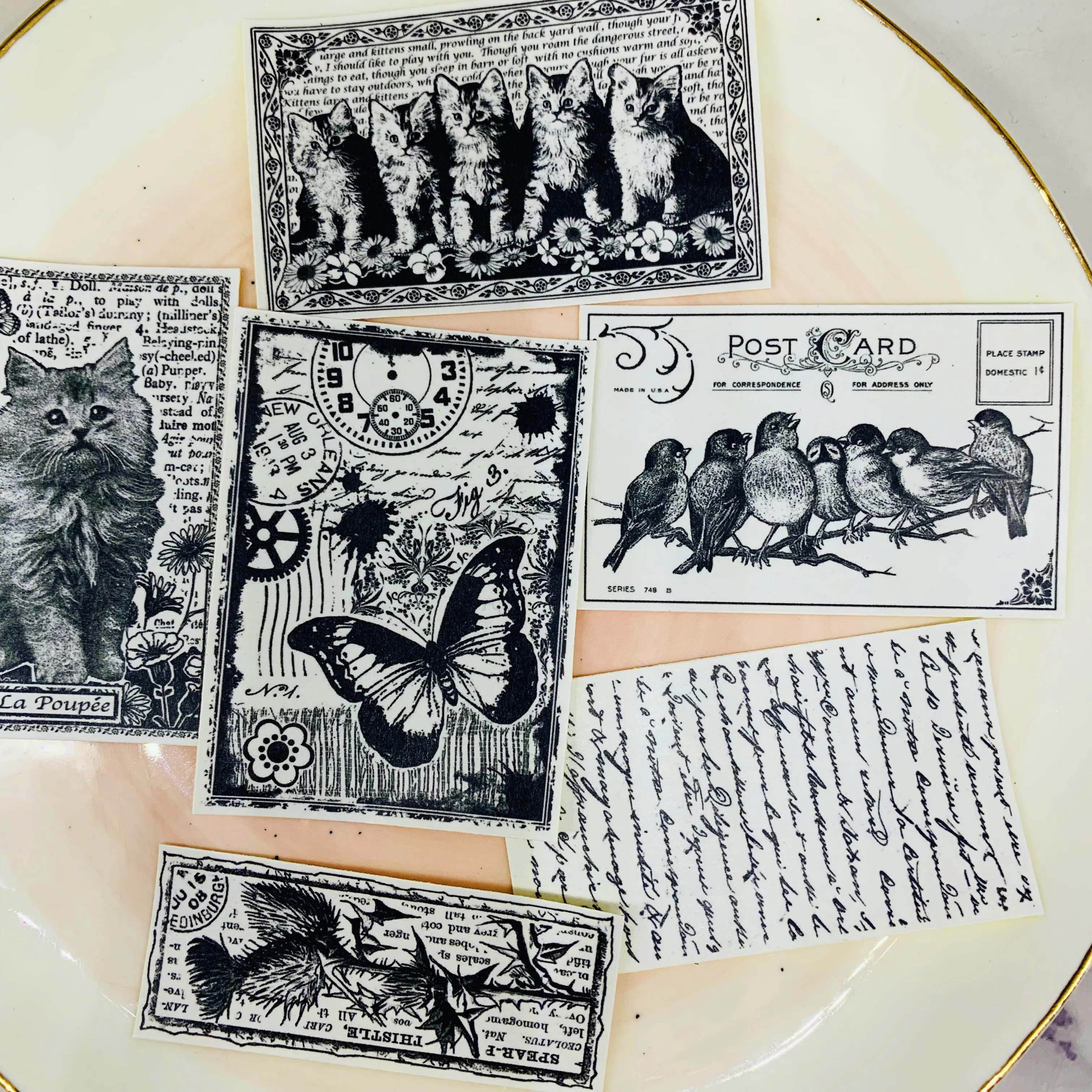 14pcs Bag Vintage Black White Letters Animals Sticker Diy