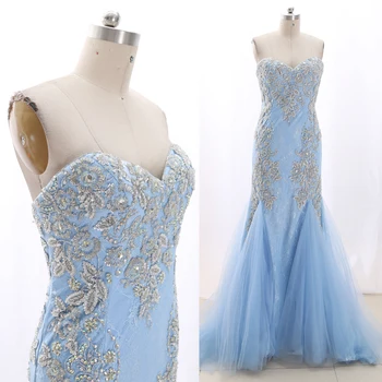 

MACloth Sky Blue Mermaid Strapless Floor-Length Long Crystal Lace Prom Dresses Dress M 269075 Clearance