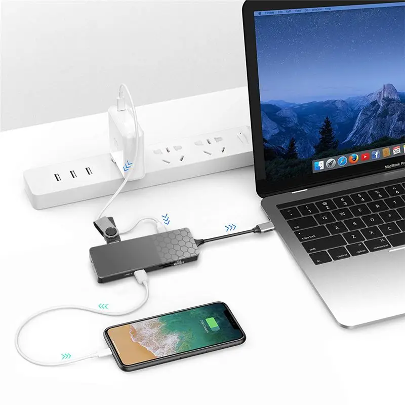 S SKYEE 7-в-1 USB-C док-станция Hub адаптер с 2* USB 3,0 Тип-C PD/4 K HD Дисплей/Gigabit Ethernet порт/устройство для считывания с tf-карт