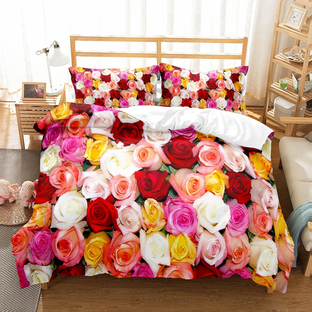 Romantic Rose Bedding Set Nordic Duvet Cover 220x240 King Size Colorful Quilt Cover Modern Cat Wolf Print Pillowcase No Sheet