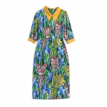 

European and American women's dress 2020 summer new styles Five-point lapels Cartoon tiger plant printing Fashion silk dress