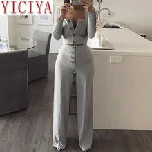Autumn Women Knitted Rib Sexy 2 Piece Set Women 2020Winter Casual Gray Matching Sets Outfit 2 Piece Set Elegant Straight Pant Autumn Women Knitted Rib Sexy 2 Piece Set Women 2020Winter Casual Gray Matching Sets Outfit 2 Piece Set Elegant Straight Pant