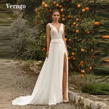 

Verngo A Line Boho Wedding Dress Lace And Chiffon V Neck Side Slit Bridal Gowns Vintage Sweep Train Bohemian Wedding Gown