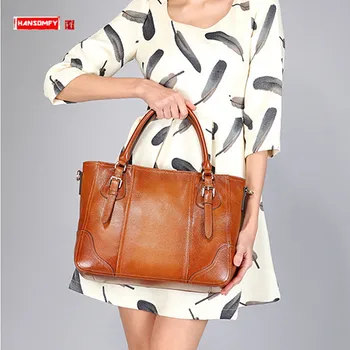 

New Genuine Leather Women handbags 14 inch laptop briefcase female commuter shoulder crossbody bag Large capacity travel bags